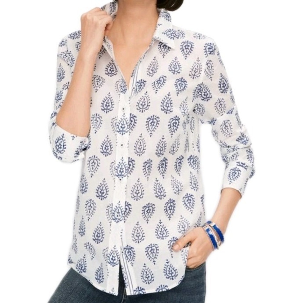 Talbots Womens Classic Cotton Shirt‎ Size Medium Button Up Woodblock Paisley Top